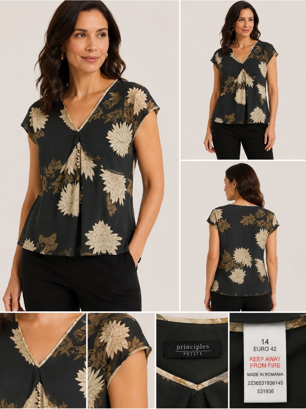 Principles Petite Sheer Floral Blouse | Green Top | Size Petit